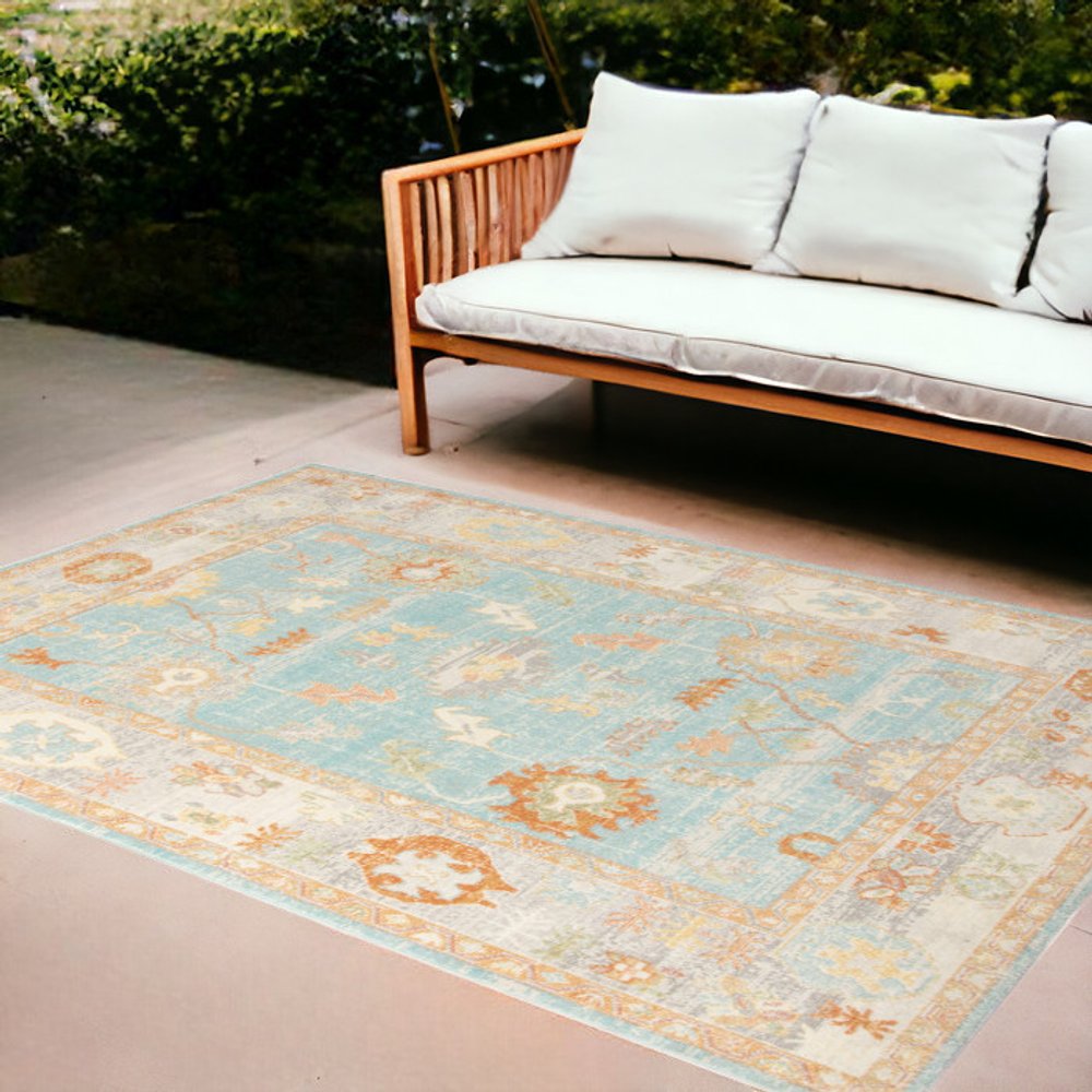 8' X 10' Blue and Orange Floral Stain Resistant Indoor Outdoor Area Rug