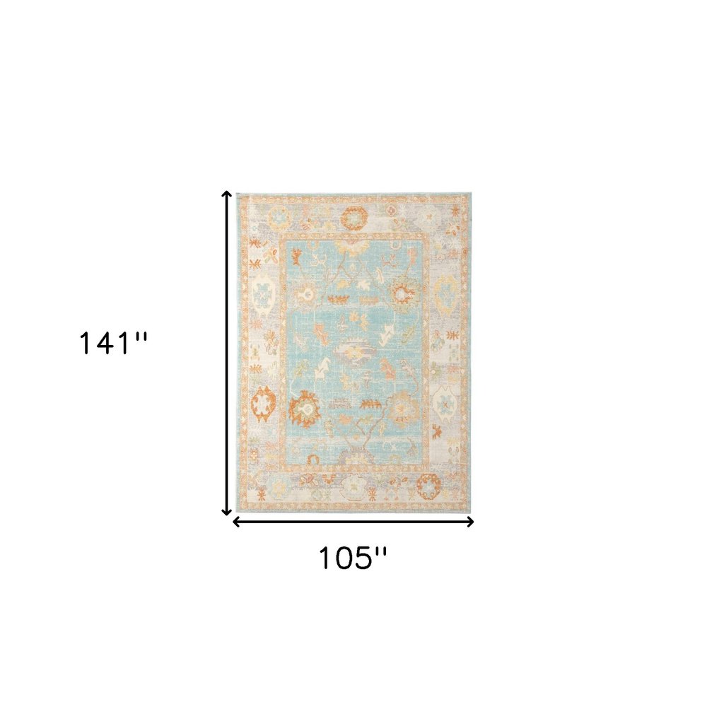 8' X 10' Blue and Orange Floral Stain Resistant Indoor Outdoor Area Rug