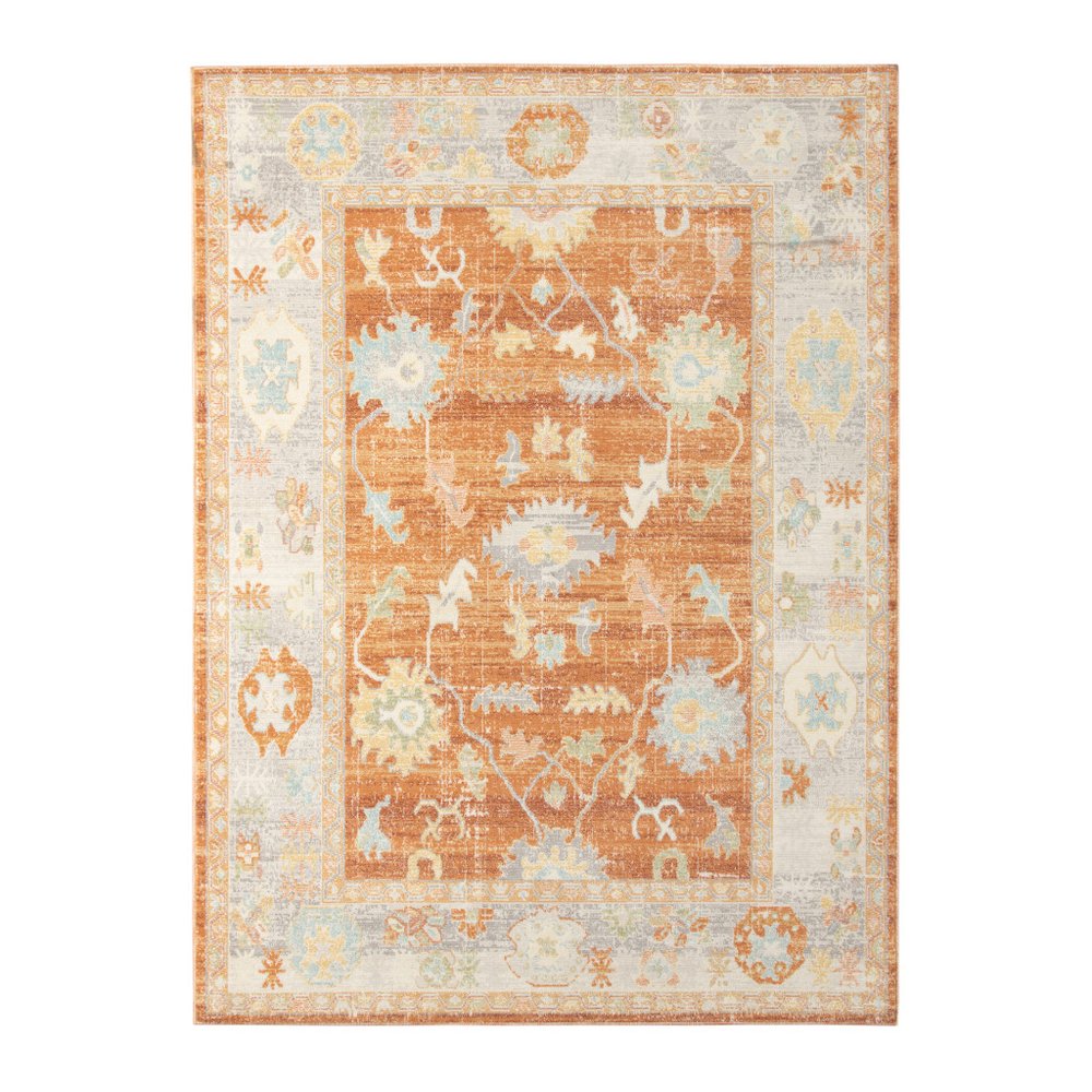 8' X 10' Blue and Orange Floral Stain Resistant Indoor Outdoor Area Rug