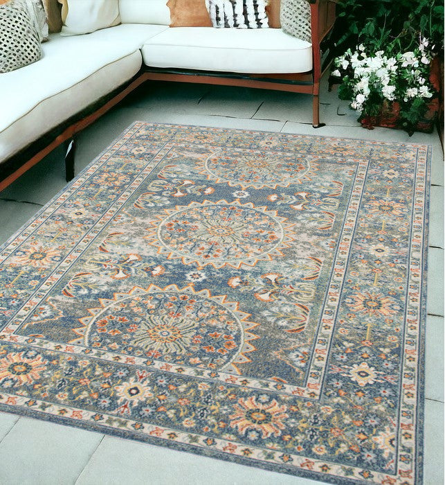 8' X 10' Blue and Orange Floral Medallion Stain Resistant Indoor Outdoor Area Rug