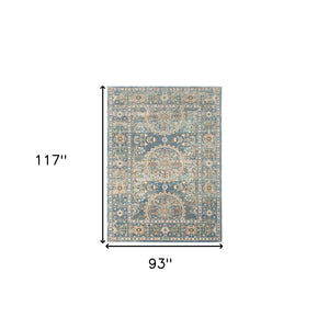 8' X 10' Blue and Orange Floral Medallion Stain Resistant Indoor Outdoor Area Rug
