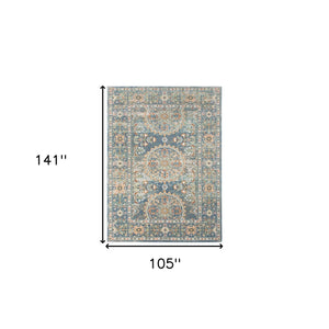 8' X 10' Blue and Orange Floral Medallion Stain Resistant Indoor Outdoor Area Rug