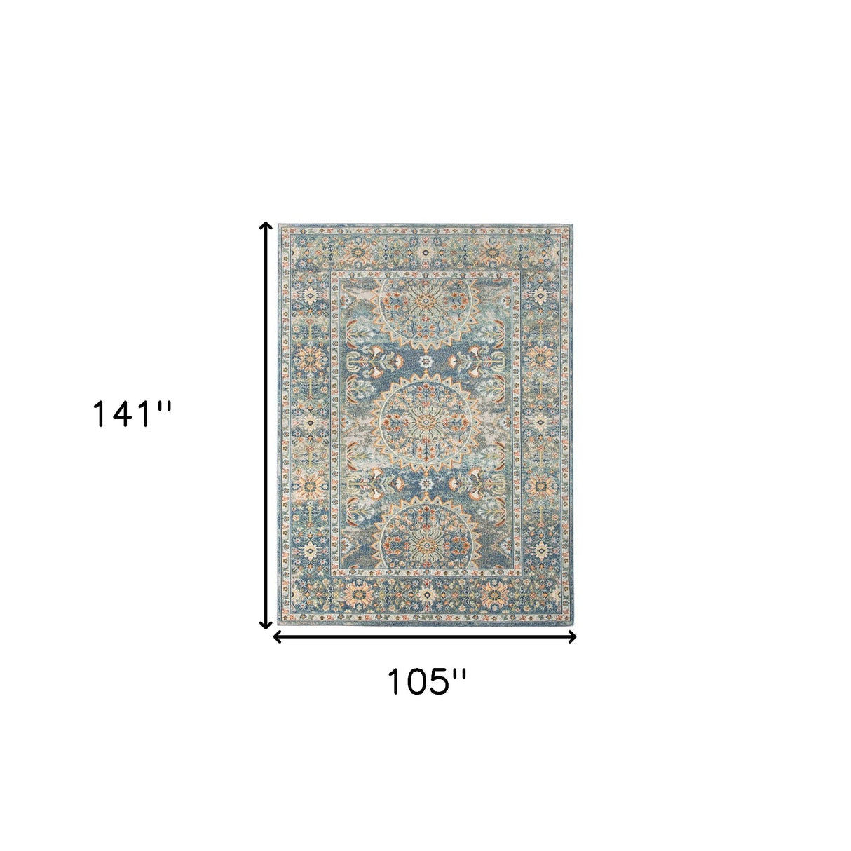 8' X 10' Blue and Orange Floral Medallion Stain Resistant Indoor Outdoor Area Rug