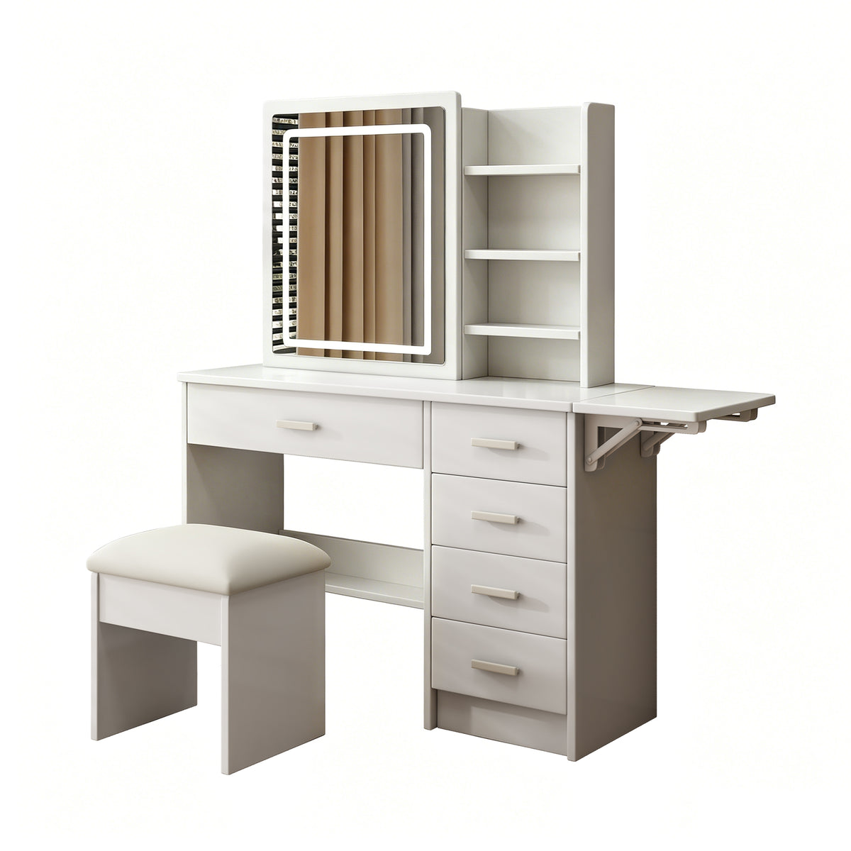 Retro Style Fashion Vanity Desk with Adjustable LED Mirror Lights, 5 Drawers, Open Shelves and Chair, White MDF, 45.3 x 15.4 x 53.2 inches
