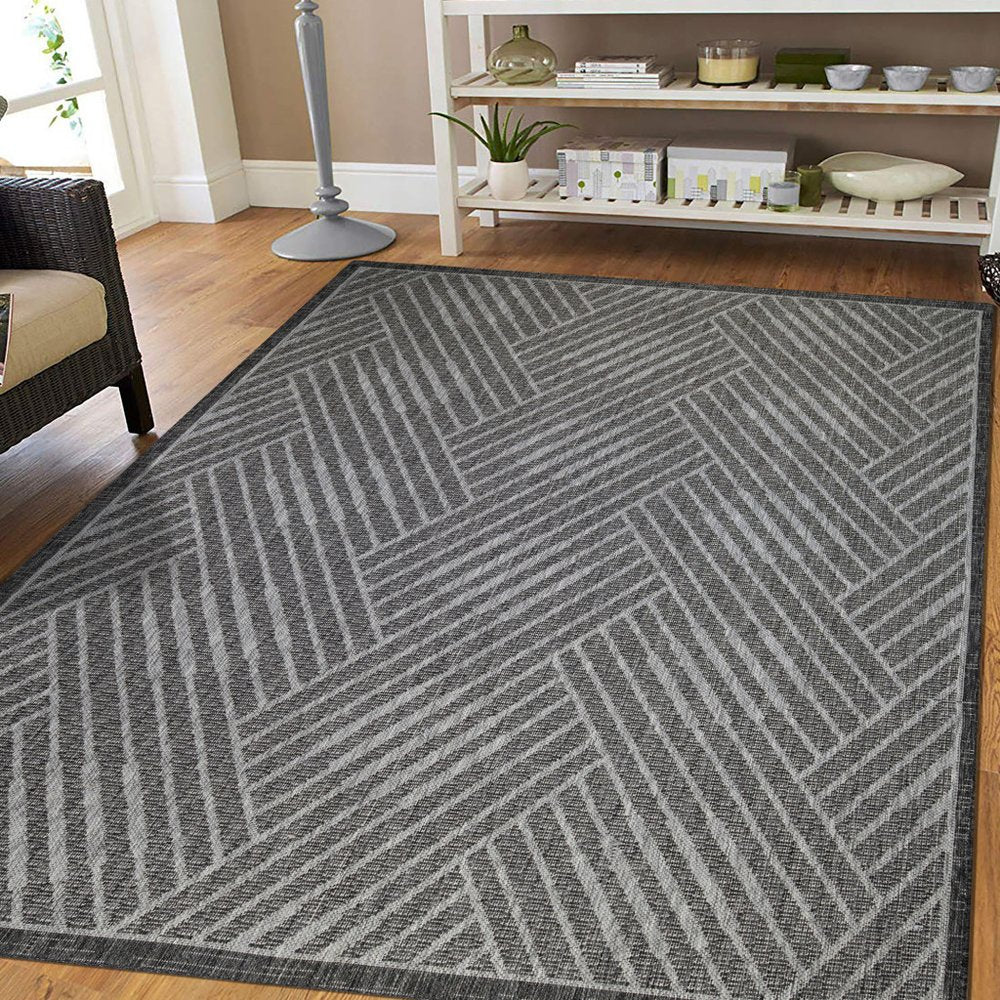 5' X 8' Gray and Blue Geometric Stain Resistant Indoor Outdoor Area Rug