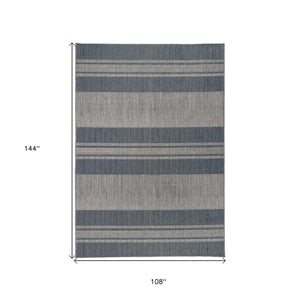 9' X 12' Blue and Gray Striped Stain Resistant Indoor Outdoor Area Rug