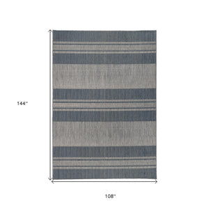 9' X 12' Blue and Gray Striped Stain Resistant Indoor Outdoor Area Rug