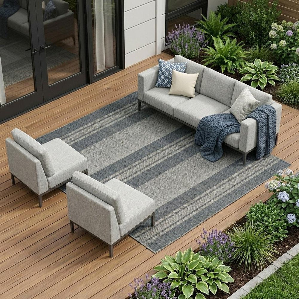 9' X 12' Blue and Gray Striped Stain Resistant Indoor Outdoor Area Rug