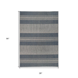 9' X 12' Blue and Gray Striped Stain Resistant Indoor Outdoor Area Rug