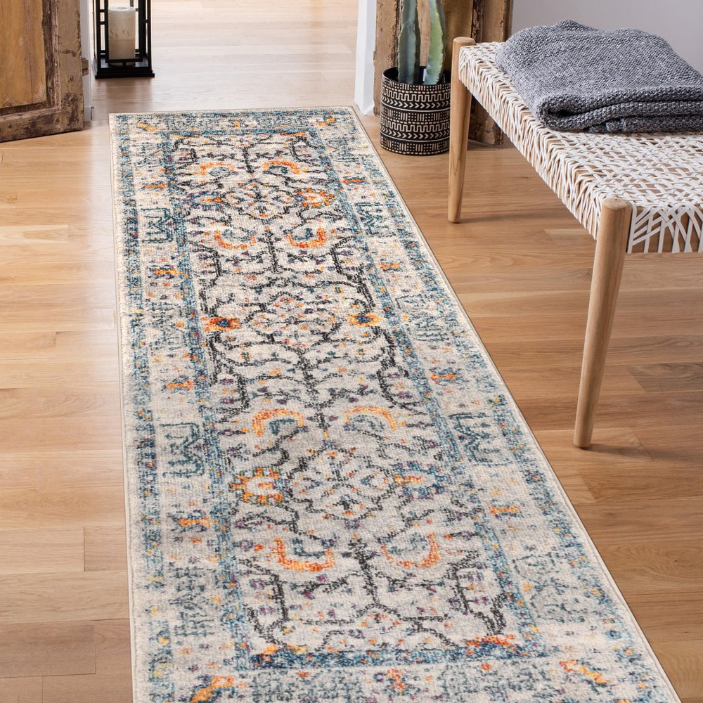 8' Ivory And Yellow Oriental Distressed Runner Rug