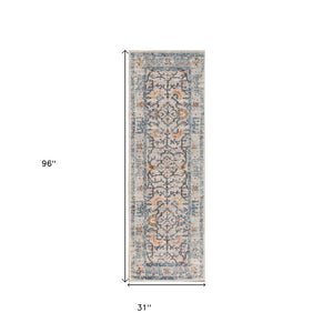 8' Ivory And Yellow Oriental Distressed Runner Rug