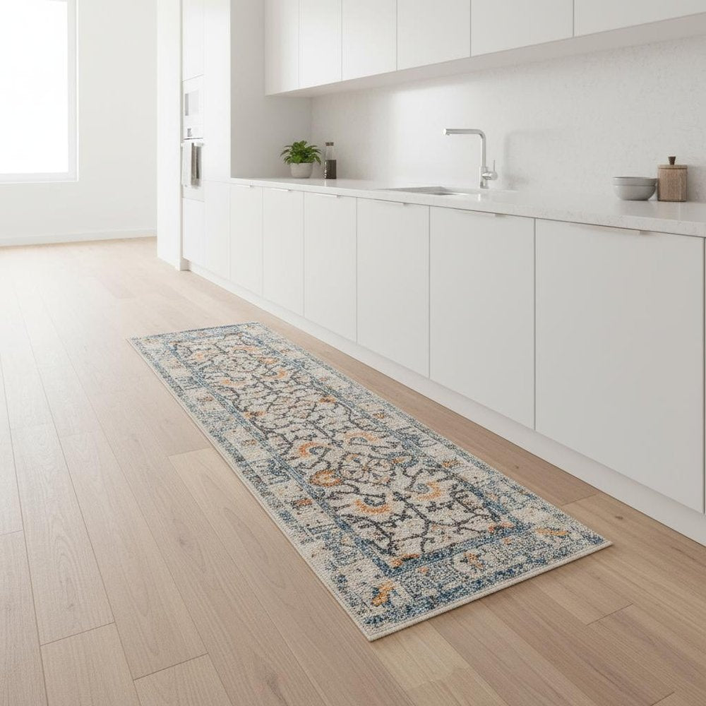 8' Ivory And Yellow Oriental Distressed Runner Rug