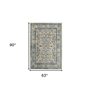 5' X 8' Ivory And Yellow Oriental Distressed Area Rug