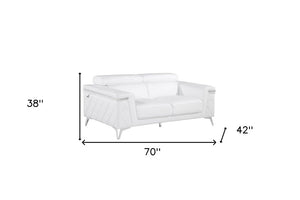 70" White And Silver Metallic Top Grain Leather Loveseat