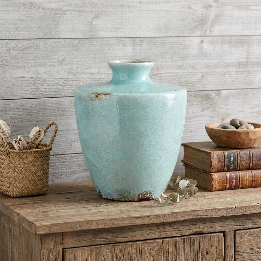 12" Aqua Terracotta Crackle Glaze Round Table Vase