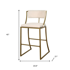 30" Beige And Antiqued Brass Fabric And Steel Low Back Bar Height Bar Chair