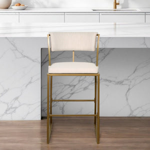 30" Beige And Antiqued Brass Steel Low Back Bar Height Bar Chair