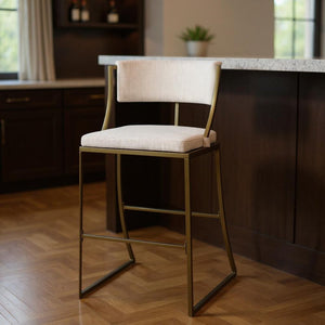 30" Beige And Antiqued Brass Steel Low Back Bar Height Bar Chair