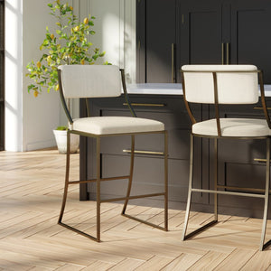 30" Beige And Antiqued Brass Steel Low Back Bar Height Bar Chair