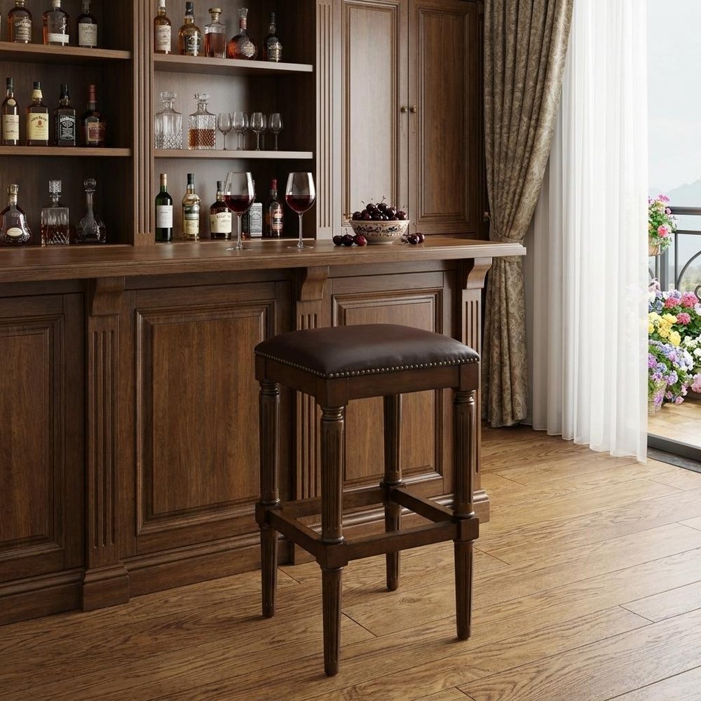 31" Brown And Dark Brown Fabric And Solid Wood Backless Bar Height Bar Chair