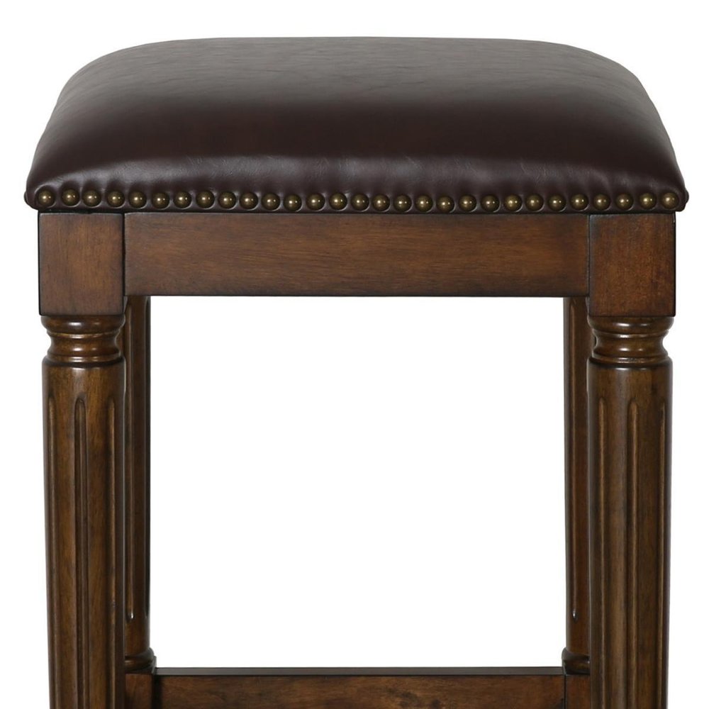 31" Brown And Dark Brown Fabric And Solid Wood Backless Bar Height Bar Chair