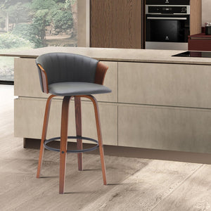 26" Gray And Brown Faux Leather And Fabric And Solid Wood Counter Height Swivel Bar Chair
