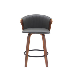 26" Gray And Brown Faux Leather And Fabric And Solid Wood Counter Height Swivel Bar Chair