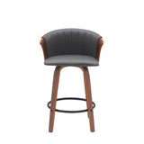 26" Gray and Wood Brown Faux Leather with Solid Wood Swivel Counter Height Bar Chair