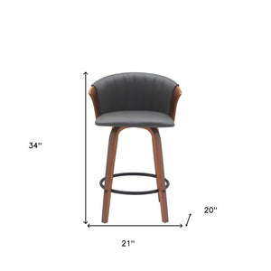 26" Gray And Brown Faux Leather And Fabric And Solid Wood Counter Height Swivel Bar Chair