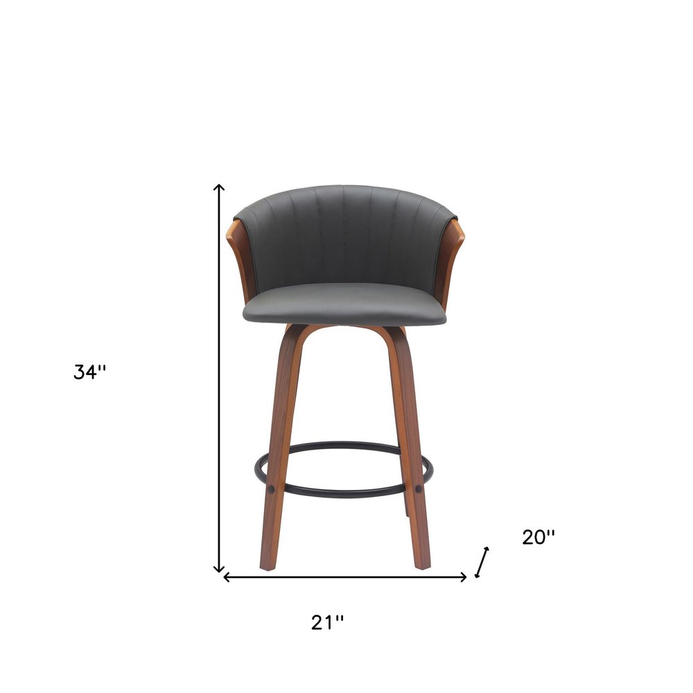 26" Gray and Wood Brown Faux Leather with Solid Wood Swivel Counter Height Bar Chair