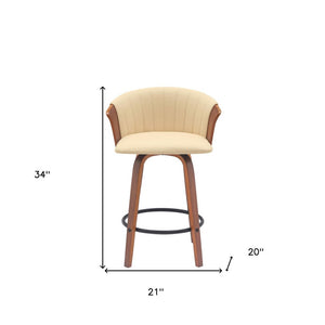 26" Cream and Wood Brown Faux Leather with Solid Wood Swivel Counter Height Bar Chair