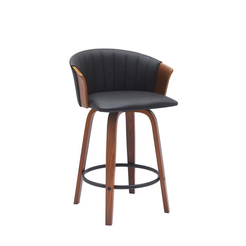 26" Black And Brown Faux Leather And Fabric And Solid Wood Counter Height Swivel Bar Chair