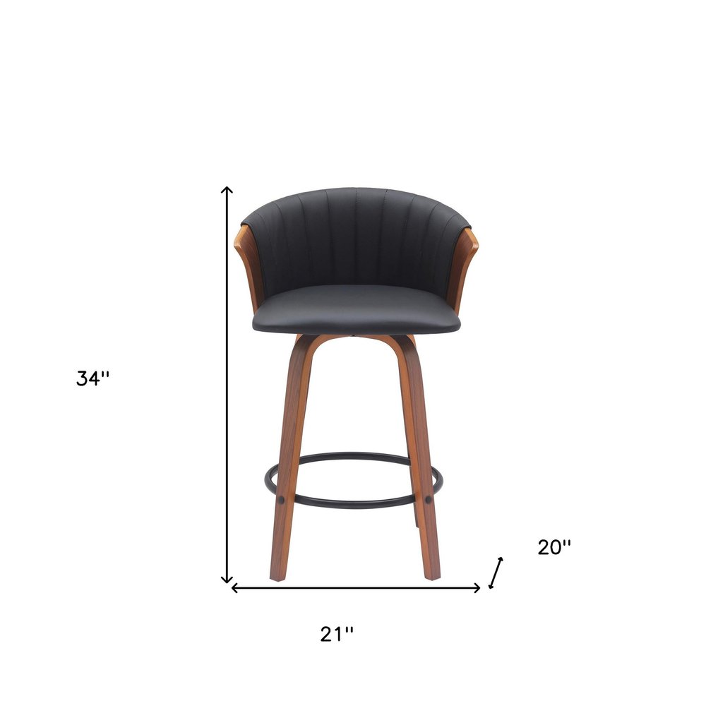 26" Black And Brown Faux Leather And Fabric And Solid Wood Counter Height Swivel Bar Chair