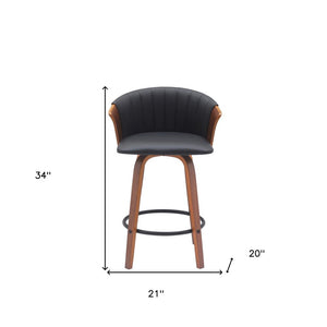 26" Black And Brown Faux Leather And Fabric And Solid Wood Counter Height Swivel Bar Chair