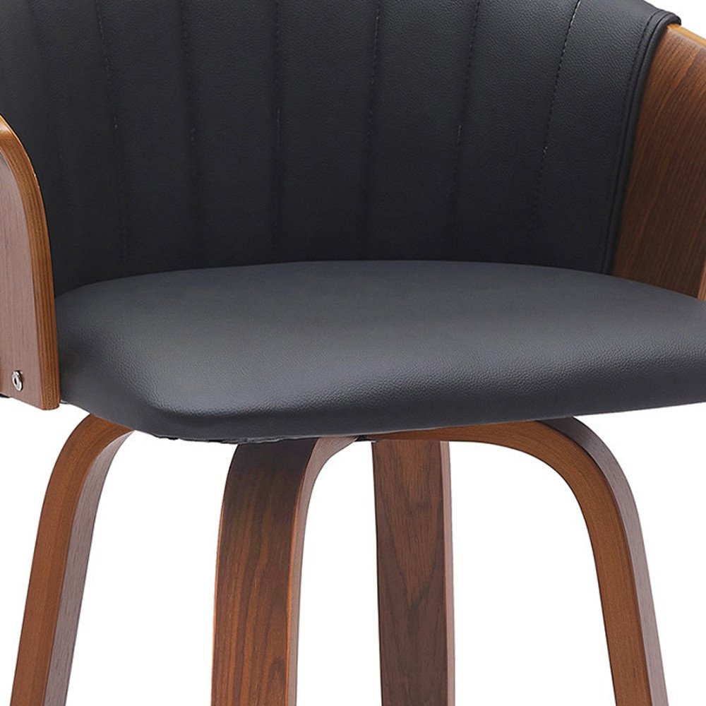 26" Black And Brown Faux Leather And Fabric And Solid Wood Counter Height Swivel Bar Chair