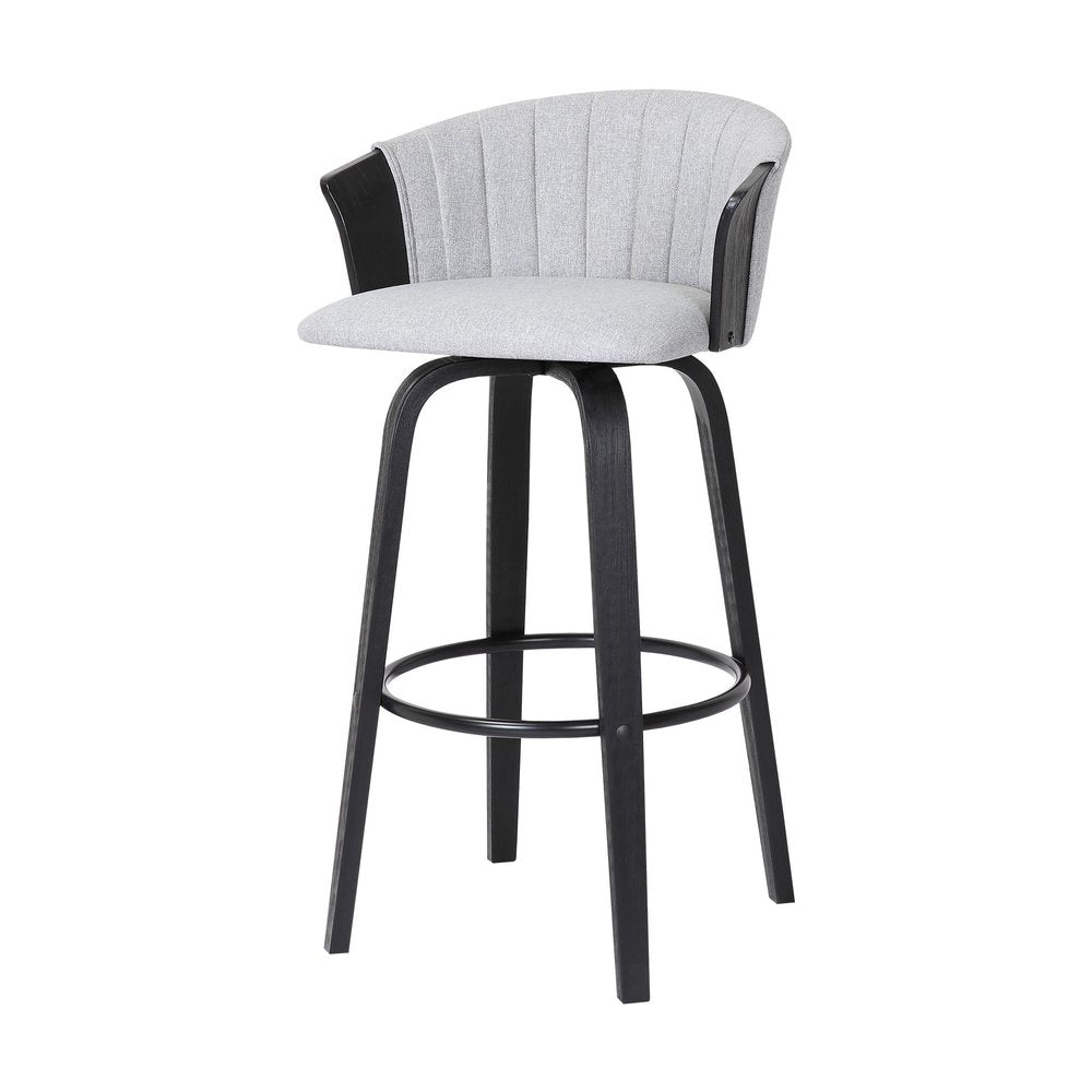 26" Light Gray And Black Fabric And Wood Counter Height Swivel Bar Chair