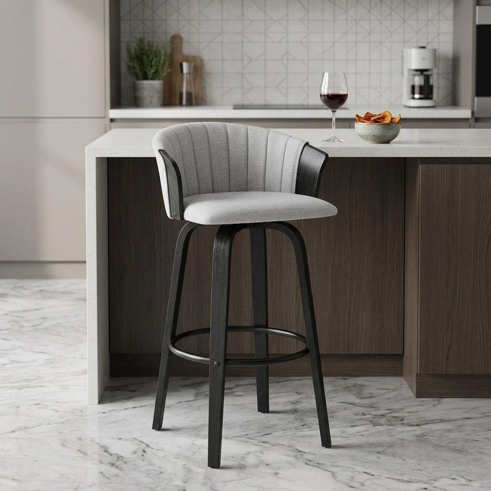 26" Light Gray And Black Fabric Swivel Counter Height Bar Chair