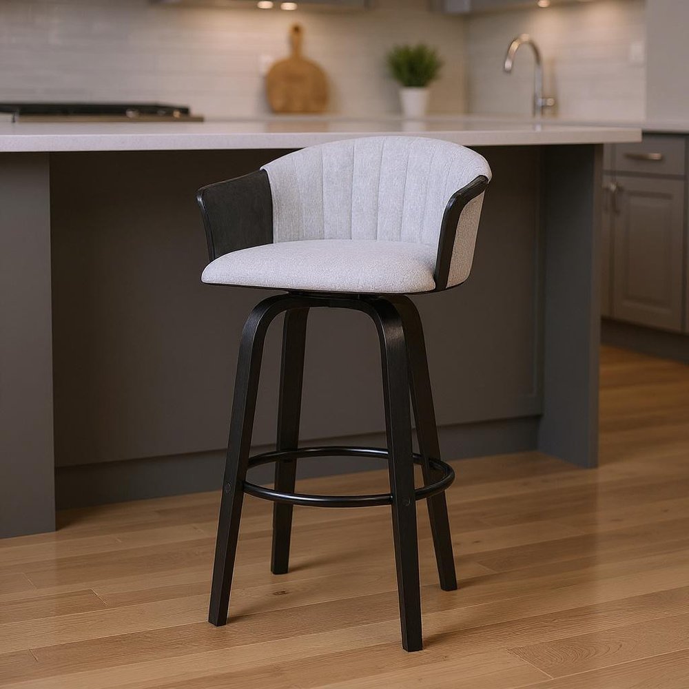 26" Light Gray And Black Fabric Swivel Counter Height Bar Chair