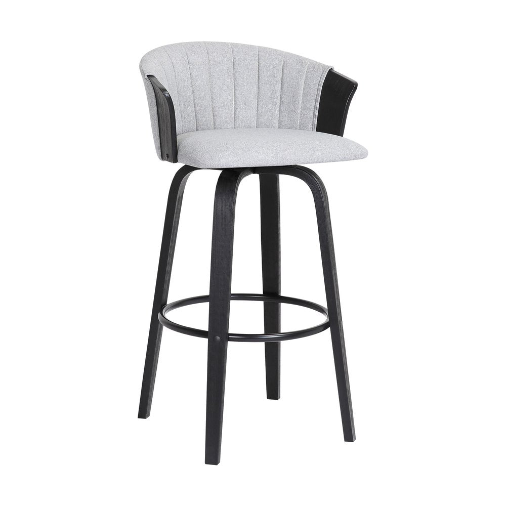 26" Light Gray And Black Fabric And Wood Counter Height Swivel Bar Chair