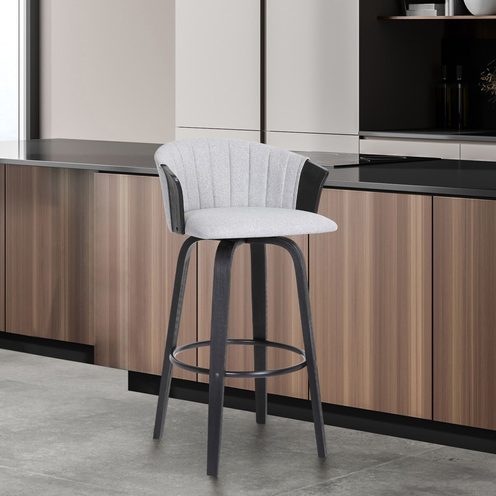 26" Light Gray And Black Fabric And Wood Counter Height Swivel Bar Chair