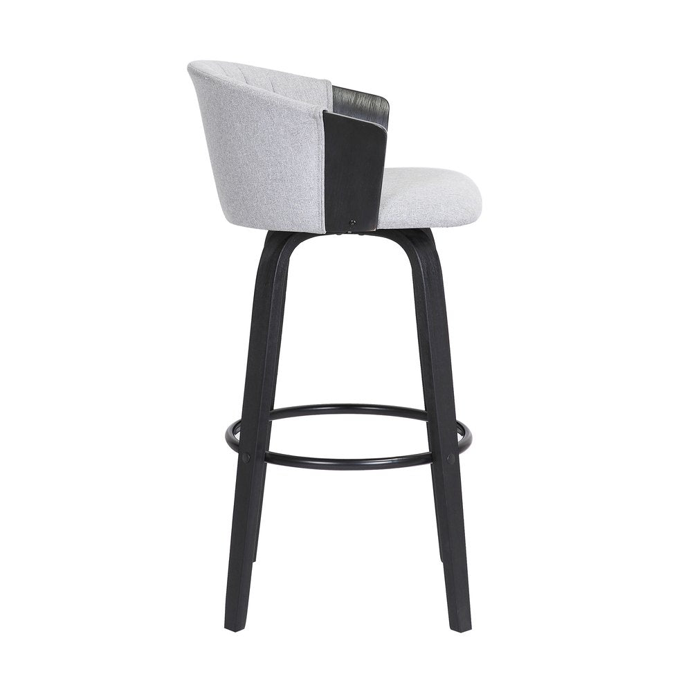 26" Light Gray And Black Fabric And Wood Counter Height Swivel Bar Chair