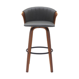 30" Gray And Wood Brown Faux Leather Swivel Bar Height Bar Chair