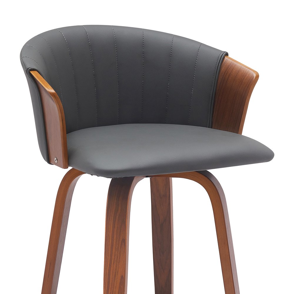 30" Gray And Brown Faux Leather And Fabric And Wood Bar Height Swivel Bar Chair