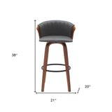 30" Gray And Wood Brown Faux Leather Swivel Bar Height Bar Chair