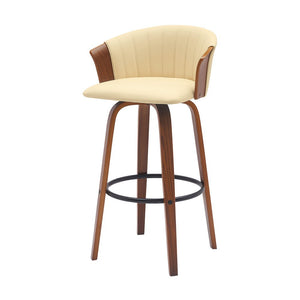30" Cream And Wood Brown Faux Leather Swivel Bar Height Bar Chair