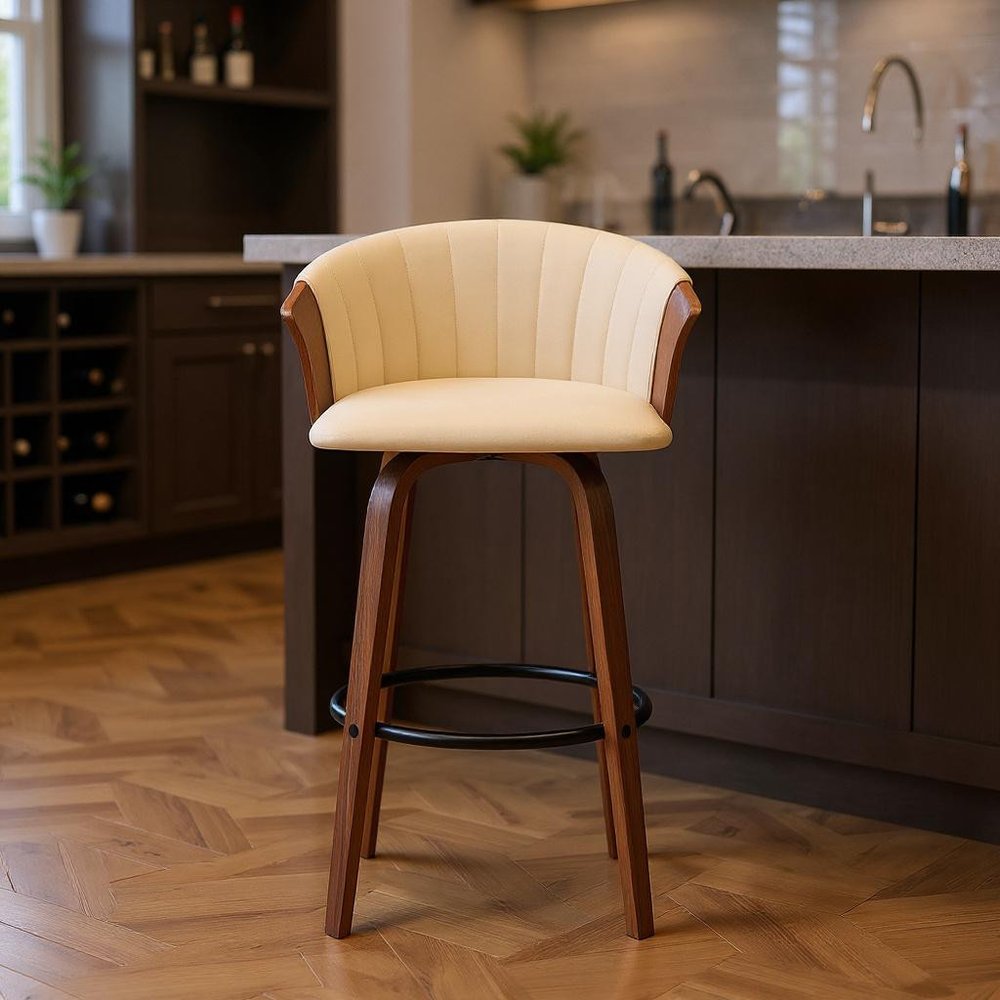 30" Cream And Wood Brown Faux Leather Swivel Bar Height Bar Chair