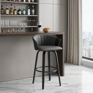 30" Gray And Black Faux Leather Swivel Bar Height Bar Chair