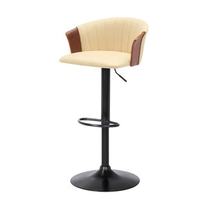 Cream And Black Faux Leather And Fabric And Metal Adjustable Height Swivel Bar Chair
