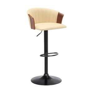 Cream And Black Faux Leather And Fabric And Metal Adjustable Height Swivel Bar Chair