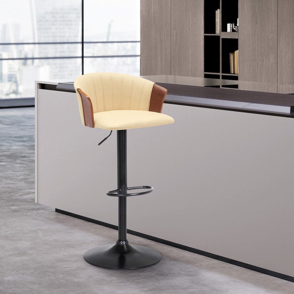 Cream And Black Faux Leather And Fabric And Metal Adjustable Height Swivel Bar Chair